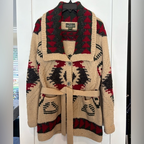 Eddie Bauer Sweaters - Eddie Bauer LARGE Shawl Collar Button Up WOOL Blend Chunky Hand Knit Sweater VTG